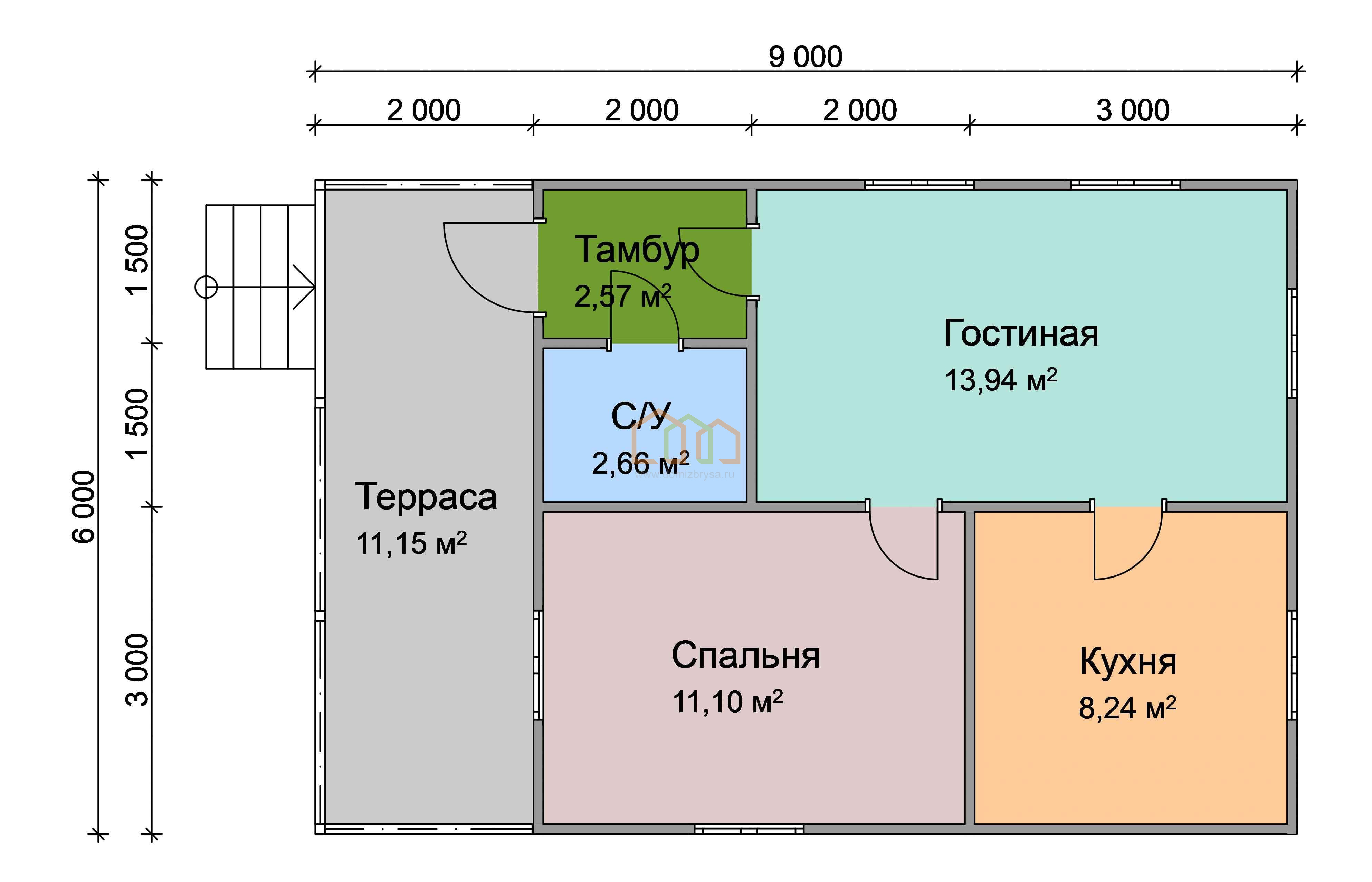 Дом из бруса одноэтажный 6х9 купить в Клине цена 1041000, площадь: 54 м2,  Брус 90х140 мм. с террасой