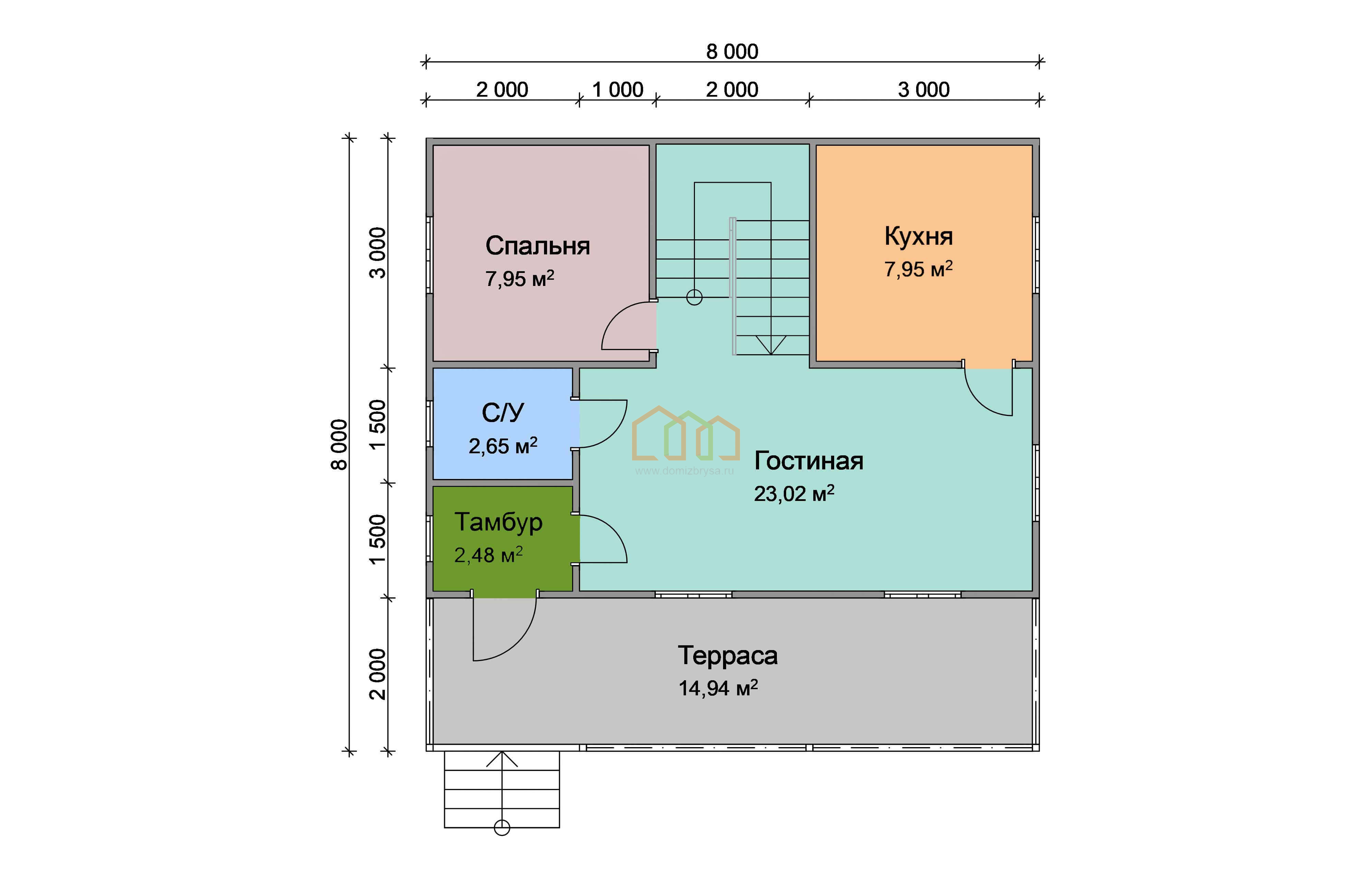 Дом из бруса 8х8 с террасой купить в Клине за 1561000, площадь: 112 м2,  Брус 90х140 мм.